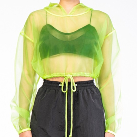 Rehab Tops - Organza Sheer Mesh Cropped Hoodie - Neon Green